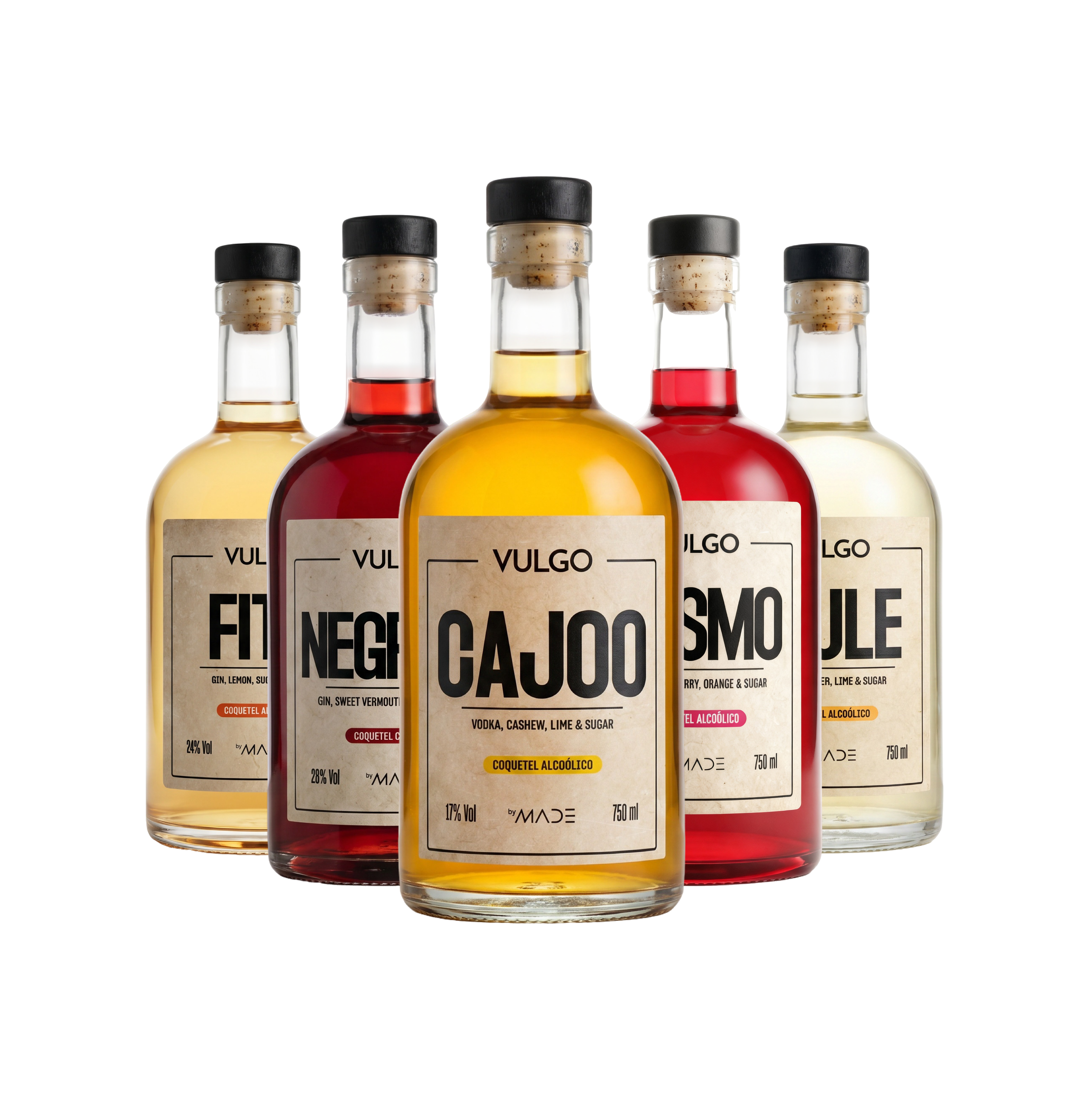 Linha Vulgo — 5 garrafas: Negroni, Cosmo, Fitz, Mule e Cajoo
